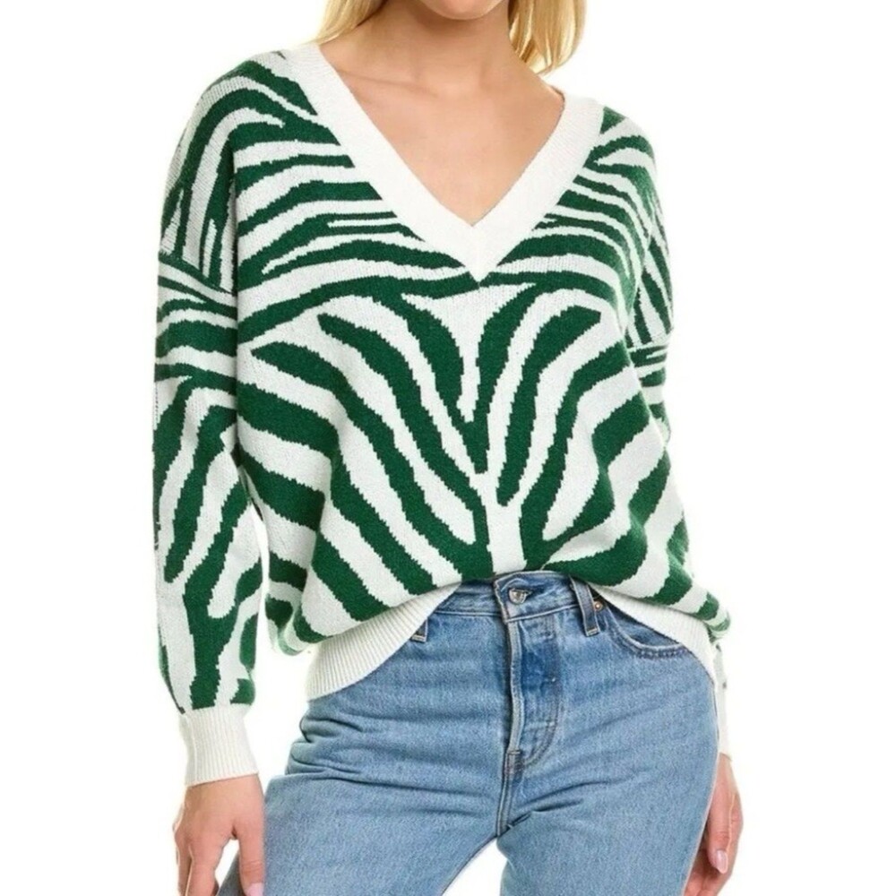 Beach Riot Joey Verdant Zebra Sweater Women Small V Neck Oversized